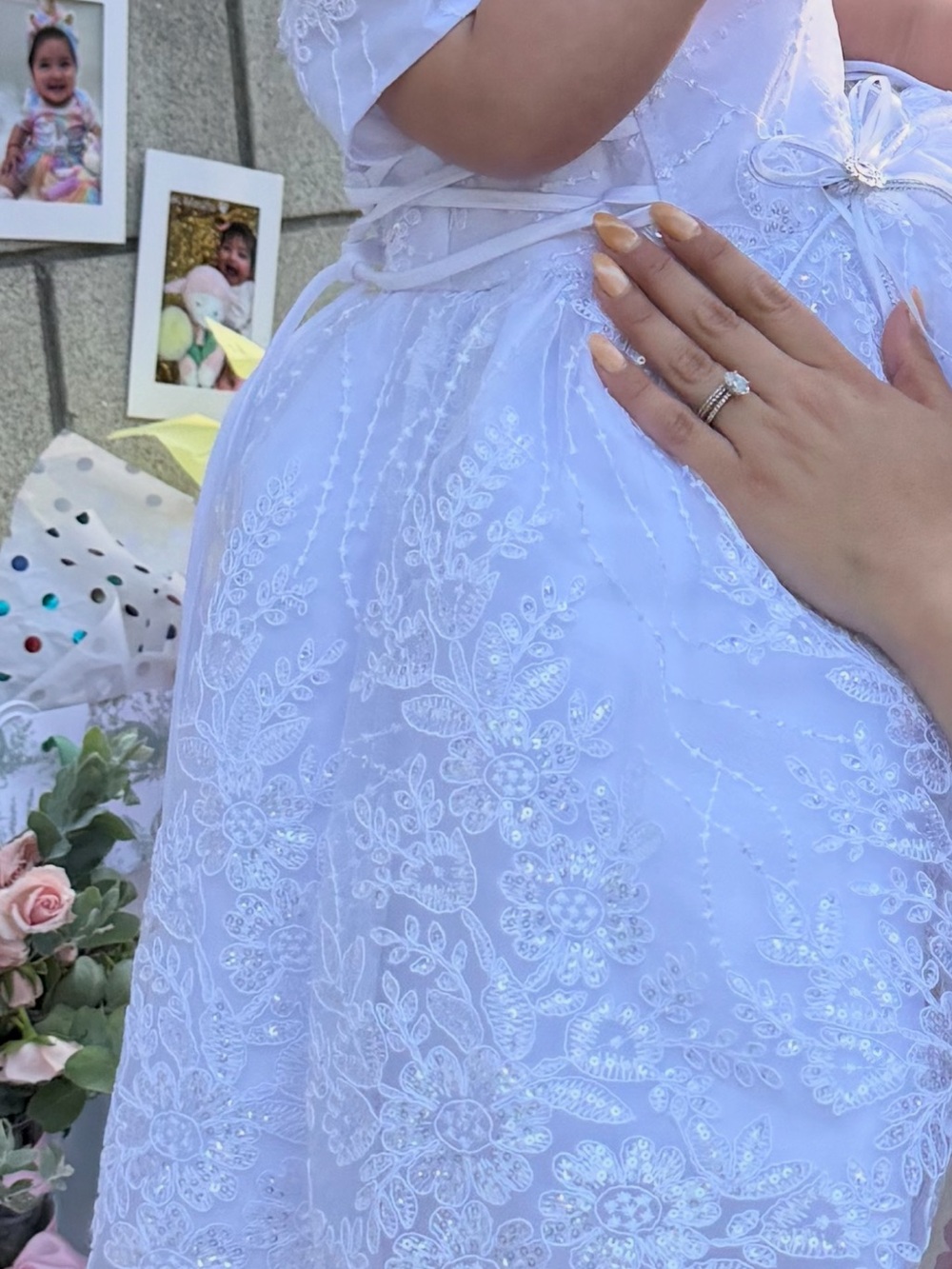 White Lace Overlay Baby Girl Dress with Ribbon Detail for Baptism